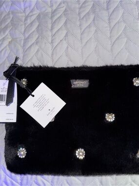 Rare New kate spade new york Black Faux Fur Embellished clutch Bag with Zipper